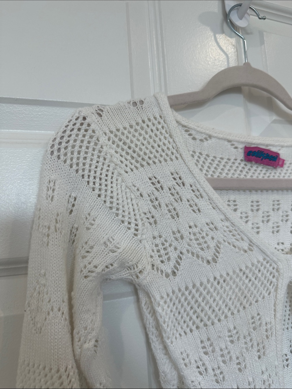Edikted Cream Long Sleeve Crochet V‑Neck Knit Coverup Dress - Picture 5 of 5